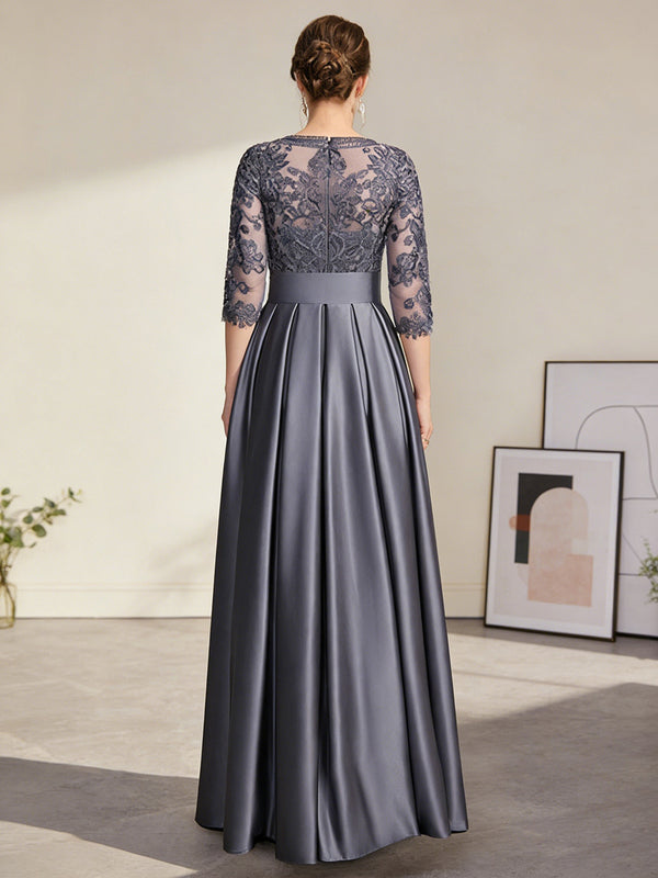 A-Line/Princess Scoop Neck Illusion Lace Appliques Satin Floor-Length Mother of the Bride Dresses with Bow