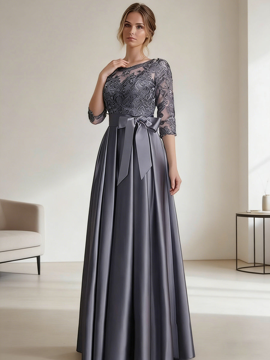 A-Line/Princess Scoop Neck Illusion Lace Appliques Satin Floor-Length Mother of the Bride Dresses with Bow