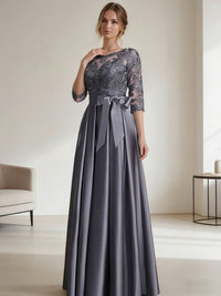 A-Line/Princess Scoop Neck Illusion Lace Appliques Satin Floor-Length Mother of the Bride Dresses with Bow