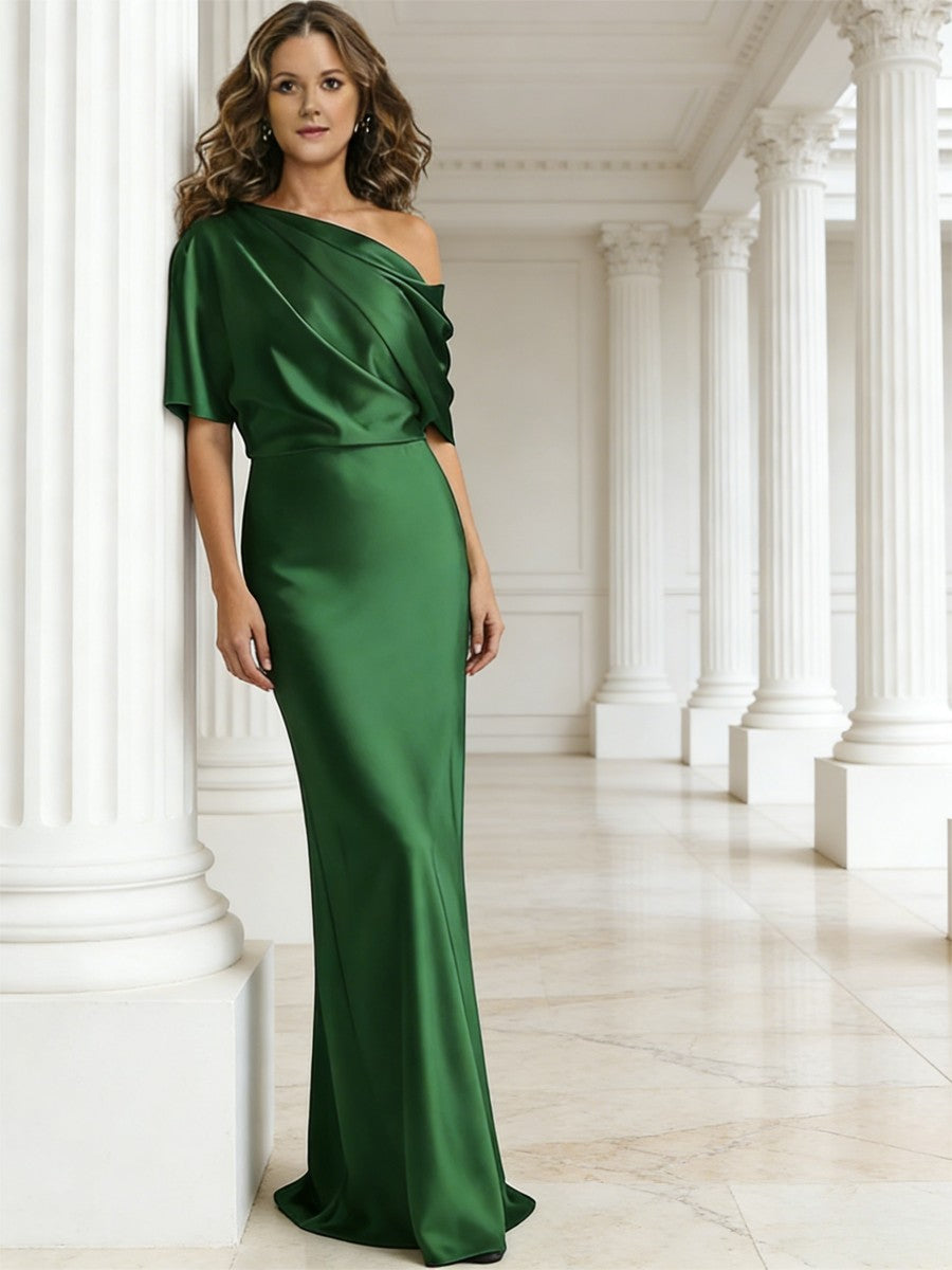 Sheath/Column One Shoulder Pleated Satin Floor-Length Mother of the Bride Dresses with Slit