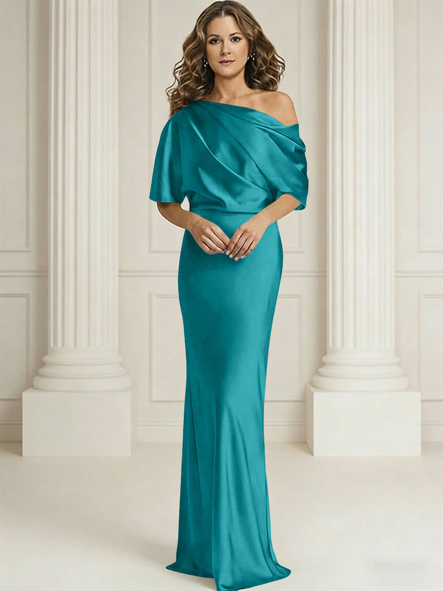 Sheath/Column One Shoulder Pleated Satin Floor-Length Mother of the Bride Dresses with Slit