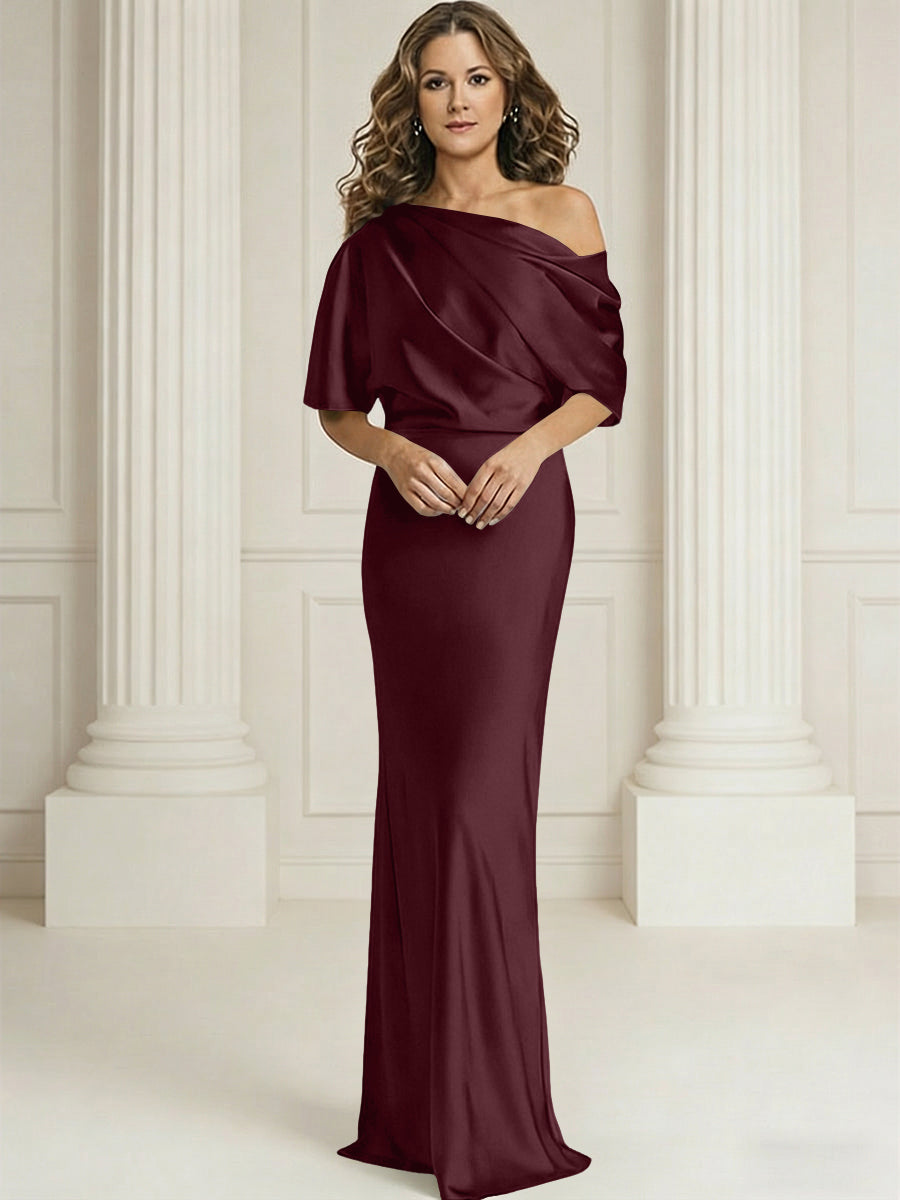 Sheath/Column One Shoulder Pleated Satin Floor-Length Mother of the Bride Dresses with Slit