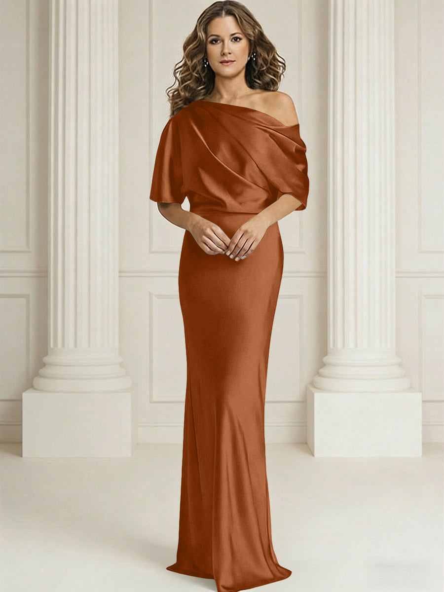 Sheath/Column One Shoulder Pleated Satin Floor-Length Mother of the Bride Dresses with Slit
