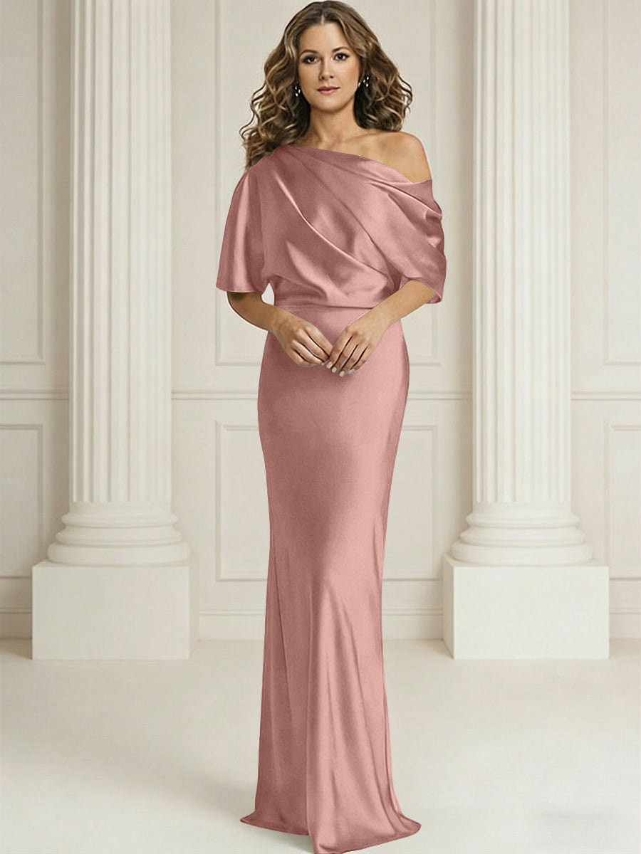 Sheath/Column One Shoulder Pleated Satin Floor-Length Mother of the Bride Dresses with Slit