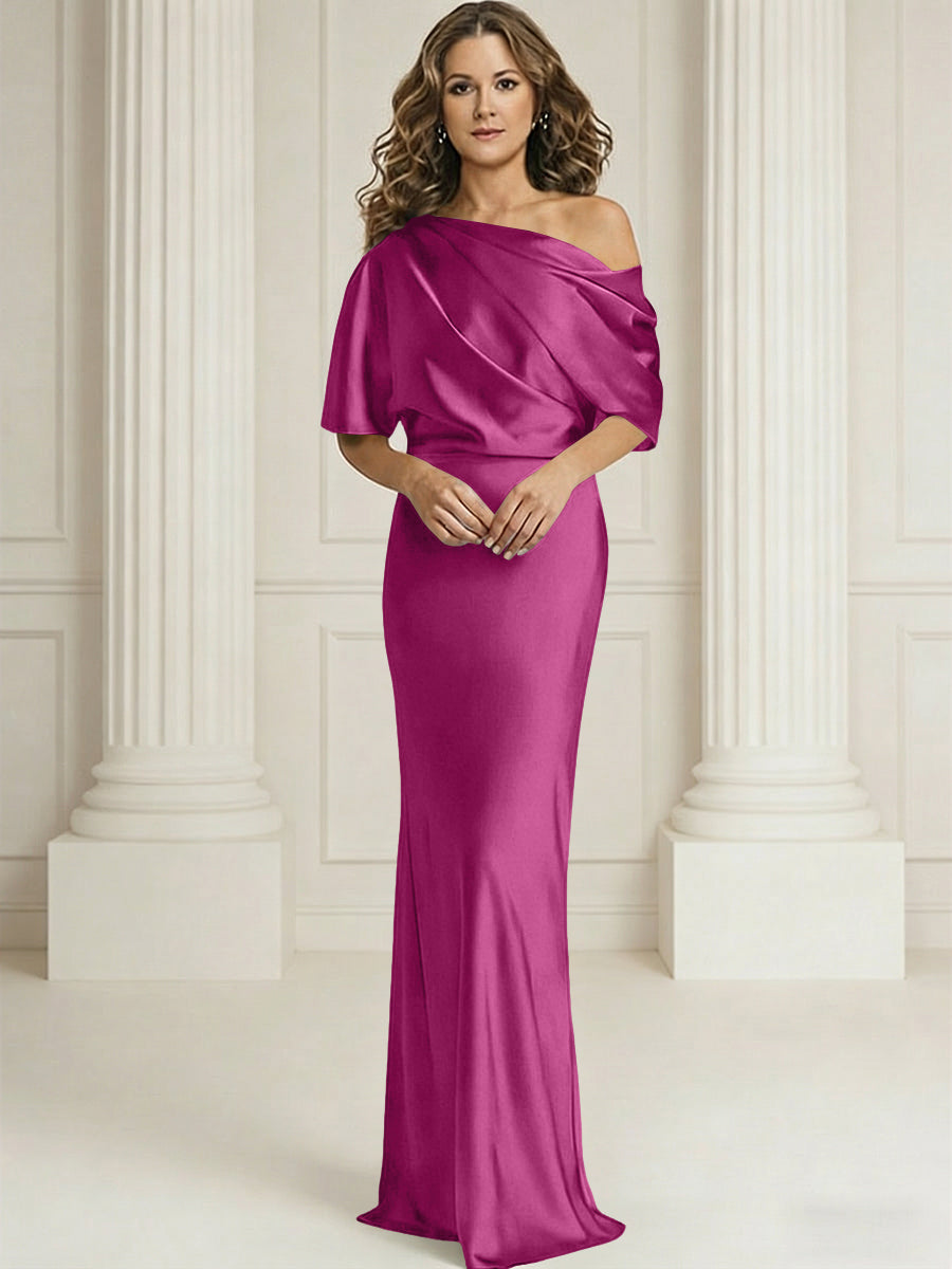 Sheath/Column One Shoulder Pleated Satin Floor-Length Mother of the Bride Dresses with Slit