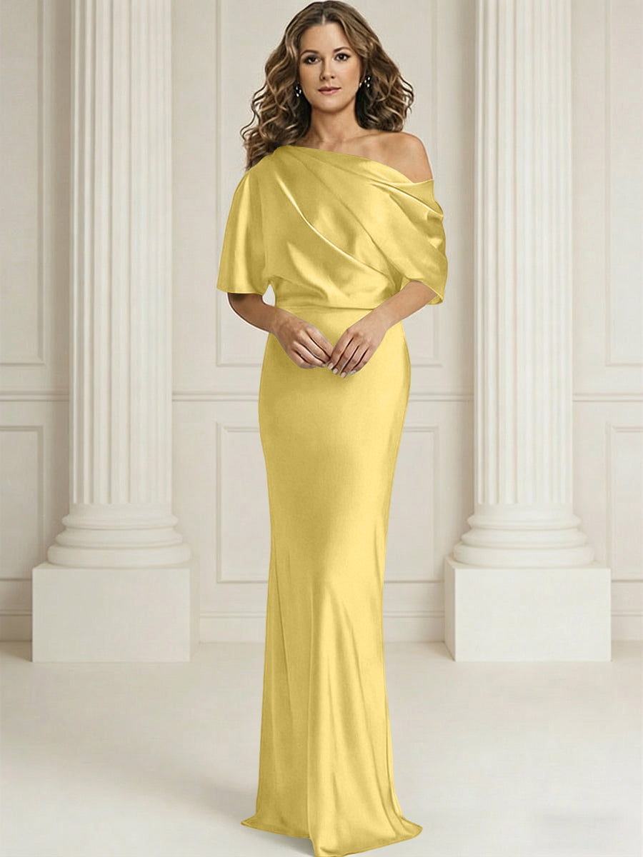 Sheath/Column One Shoulder Pleated Satin Floor-Length Mother of the Bride Dresses with Slit