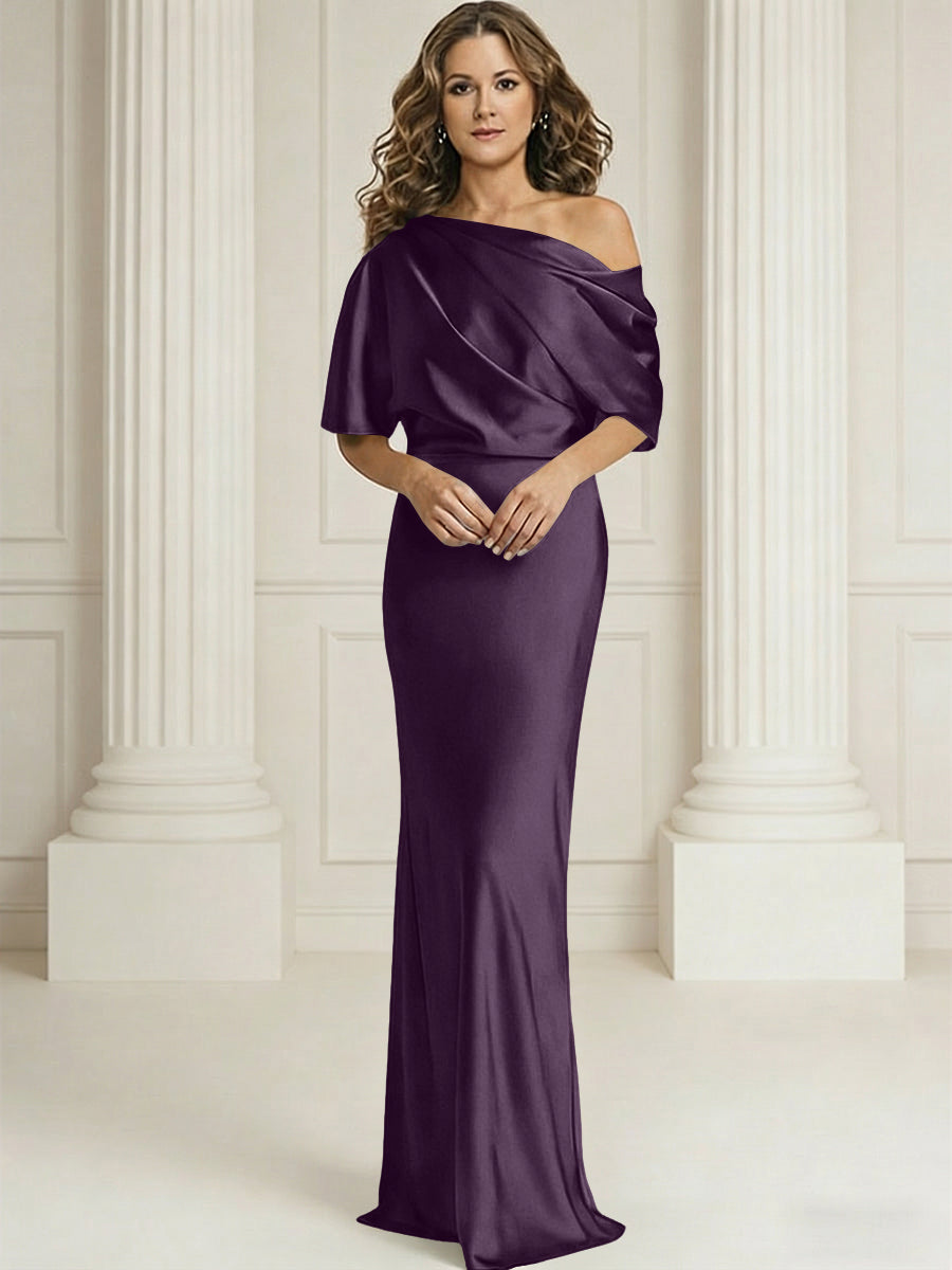Sheath/Column One Shoulder Pleated Satin Floor-Length Mother of the Bride Dresses with Slit