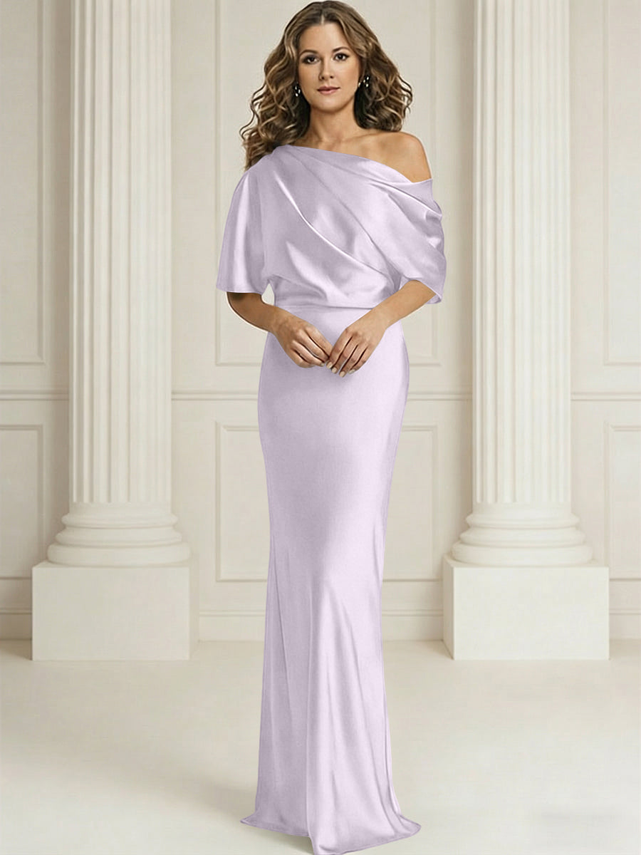 Sheath/Column One Shoulder Pleated Satin Floor-Length Mother of the Bride Dresses with Slit