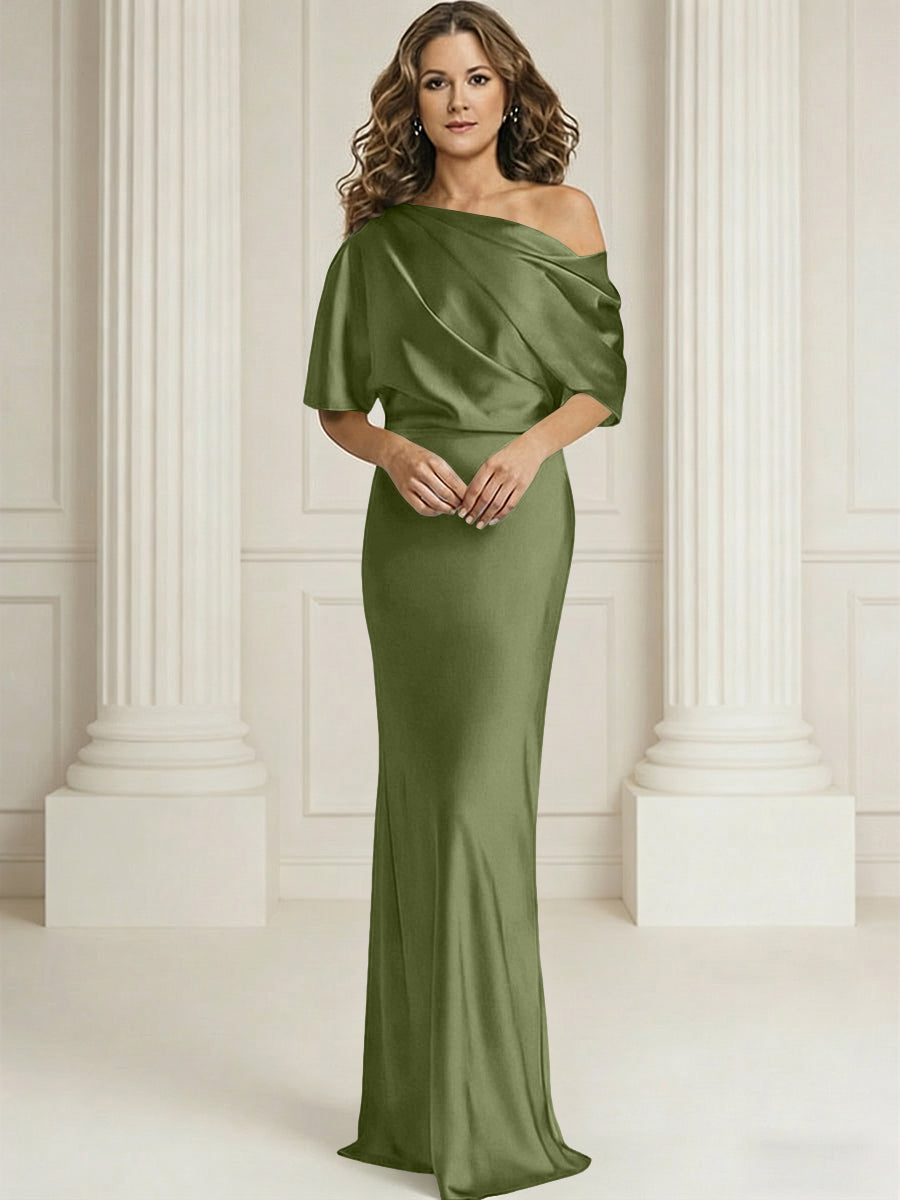 Sheath/Column One Shoulder Pleated Satin Floor-Length Mother of the Bride Dresses with Slit