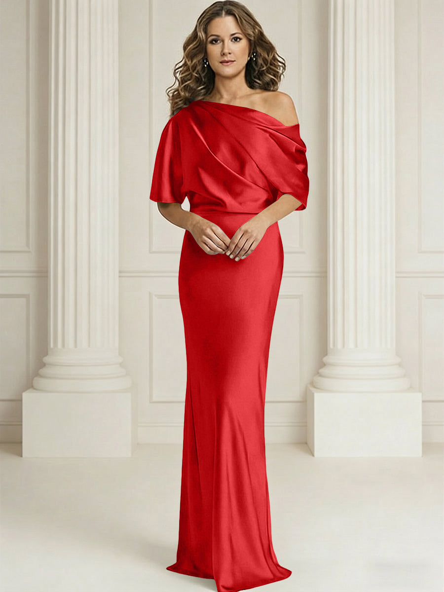 Sheath/Column One Shoulder Pleated Satin Floor-Length Mother of the Bride Dresses with Slit