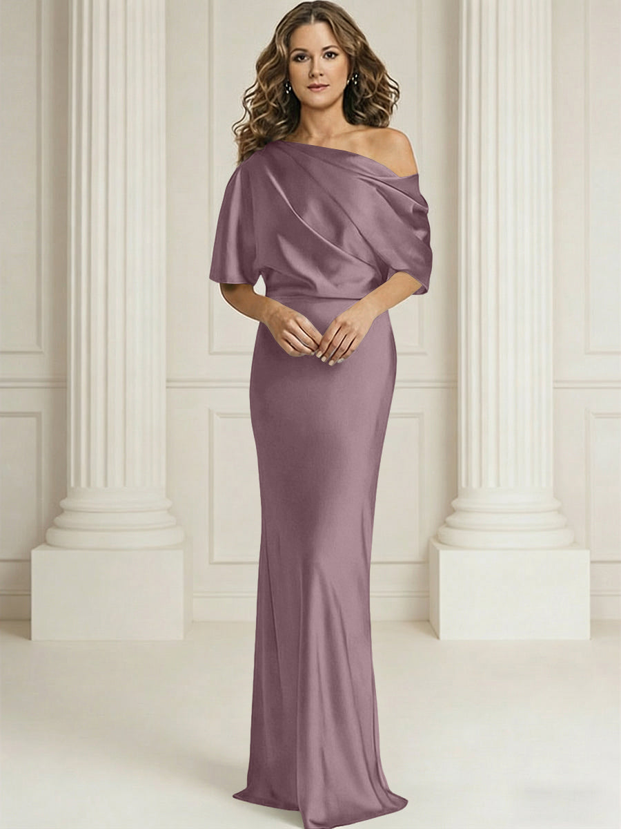 Sheath/Column One Shoulder Pleated Satin Floor-Length Mother of the Bride Dresses with Slit