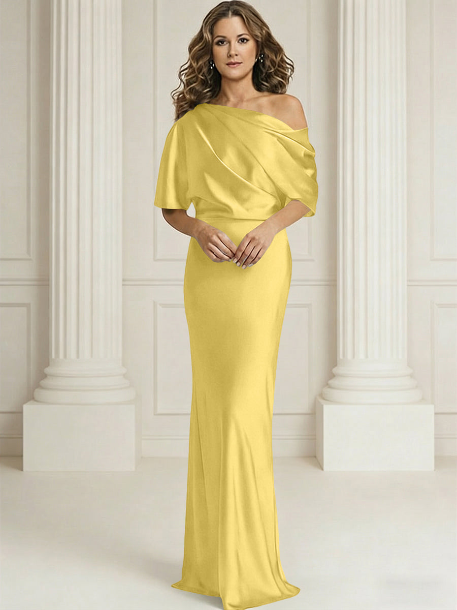 Sheath/Column One Shoulder Pleated Satin Floor-Length Mother of the Bride Dresses with Slit