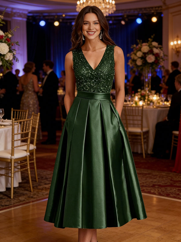 A-Line/Princess V-Neck Satin Sparkly Sequins Tea-Length Mother of the Bride Dresses