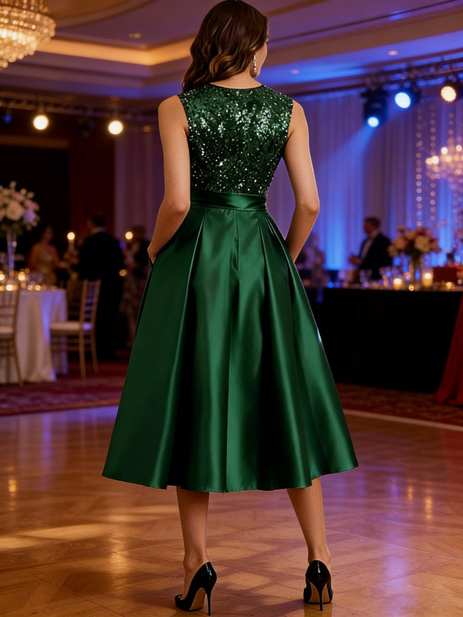 A-Line/Princess V-Neck Satin Sparkly Sequins Tea-Length Mother of the Bride Dresses
