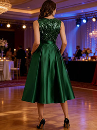 A-Line/Princess V-Neck Satin Sparkly Sequins Tea-Length Mother of the Bride Dresses