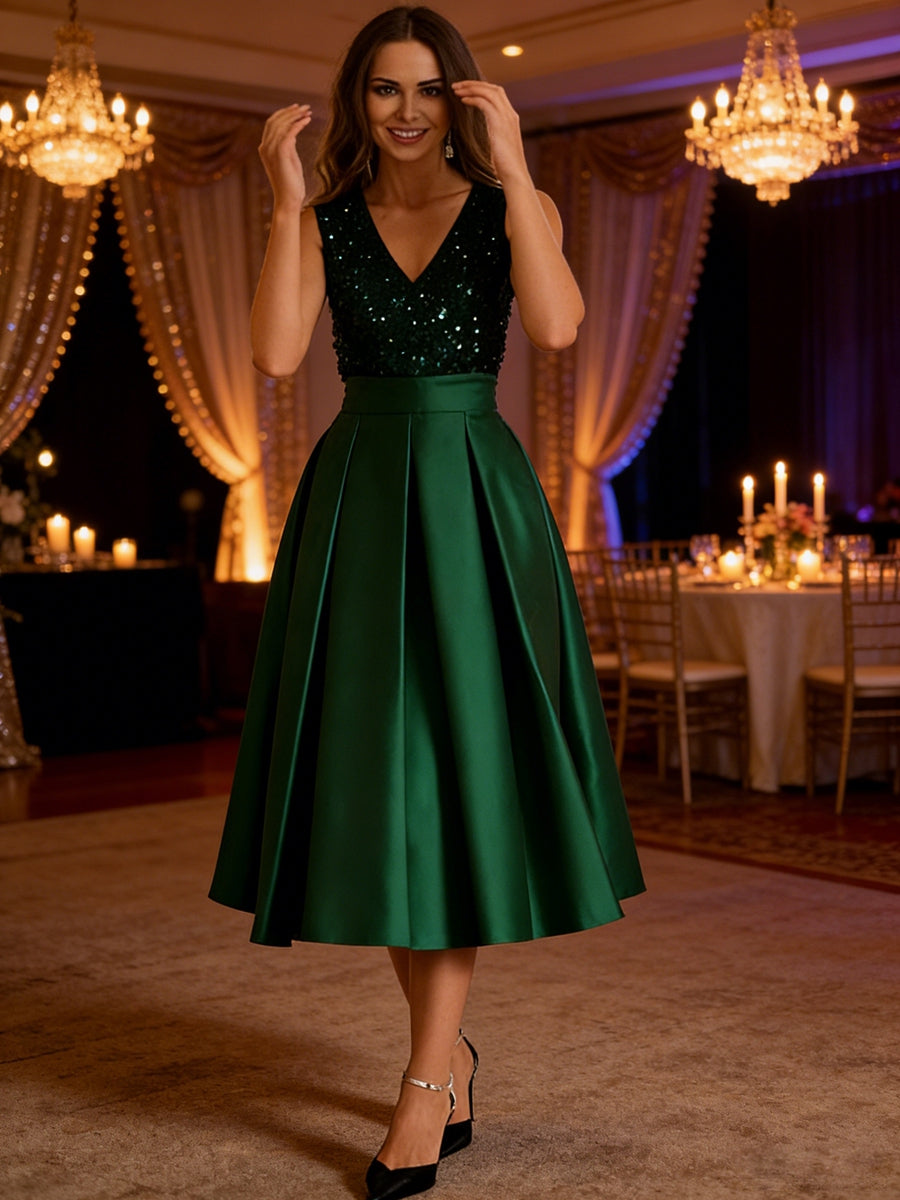 A-Line/Princess V-Neck Satin Sparkly Sequins Tea-Length Mother of the Bride Dresses