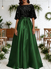A-Line/Princess Boat Neck Satin Sparkly Sequins Floor-Length Mother of the Bride Dresses with Belt