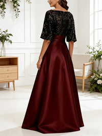 A-Line/Princess Boat Neck Satin Sparkly Sequins Floor-Length Mother of the Bride Dresses with Belt