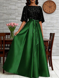 A-Line/Princess Boat Neck Satin Sparkly Sequins Floor-Length Mother of the Bride Dresses with Belt