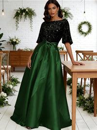 A-Line/Princess Boat Neck Satin Sparkly Sequins Floor-Length Mother of the Bride Dresses with Belt