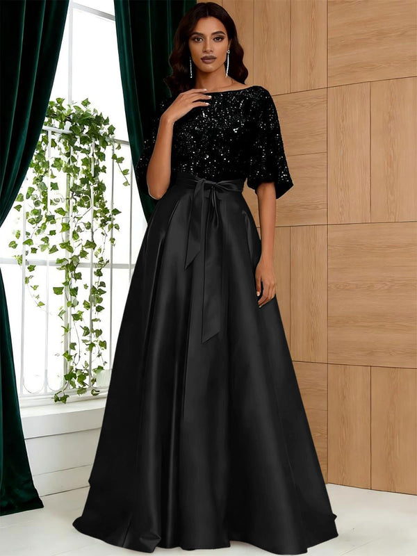 A-Line/Princess Boat Neck Satin Sparkly Sequins Floor-Length Mother of the Bride Dresses with Belt