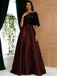 A-Line/Princess Boat Neck Satin Sparkly Sequins Floor-Length Mother of the Bride Dresses with Belt