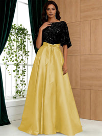 A-Line/Princess Boat Neck Satin Sparkly Sequins Floor-Length Mother of the Bride Dresses with Belt
