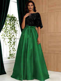 A-Line/Princess Boat Neck Satin Sparkly Sequins Floor-Length Mother of the Bride Dresses with Belt