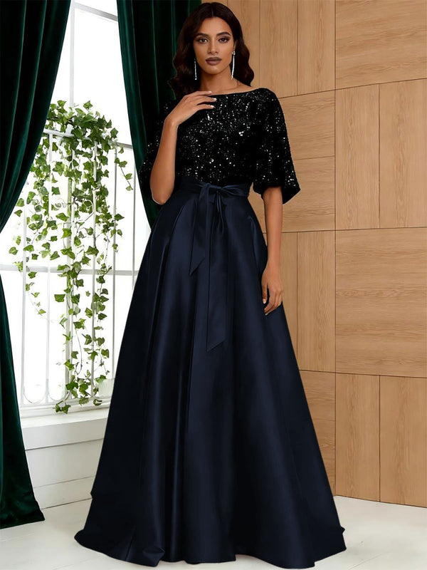 A-Line/Princess Boat Neck Satin Sparkly Sequins Floor-Length Mother of the Bride Dresses with Belt