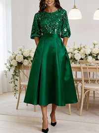 A-Line/Princess Scoop Neck Satin Sequins Tea-Length Mother of the Bride Dresses with Pockets