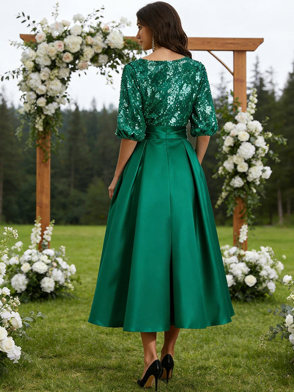 A-Line/Princess Scoop Neck Satin Sequins Tea-Length Mother of the Bride Dresses with Pockets