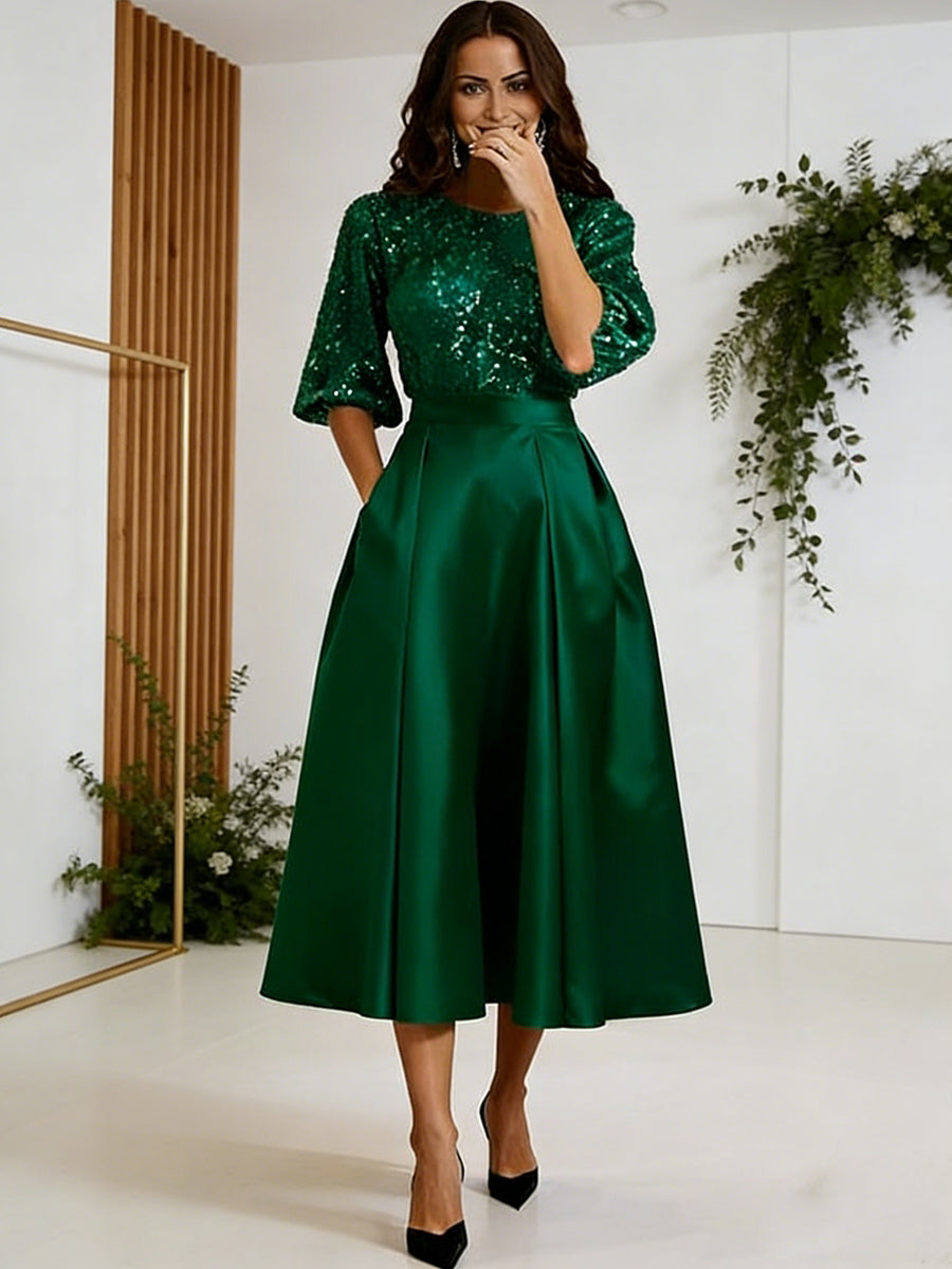 A-Line/Princess Scoop Neck Satin Sequins Tea-Length Mother of the Bride Dresses with Pockets