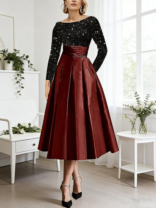 A-Line/Princess Asymmetrical Satin Tea-Length Mother of the Bride Dresses with Sequins