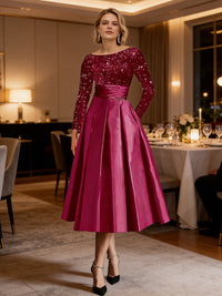 A-Line/Princess Asymmetrical Satin Tea-Length Mother of the Bride Dresses with Sequins