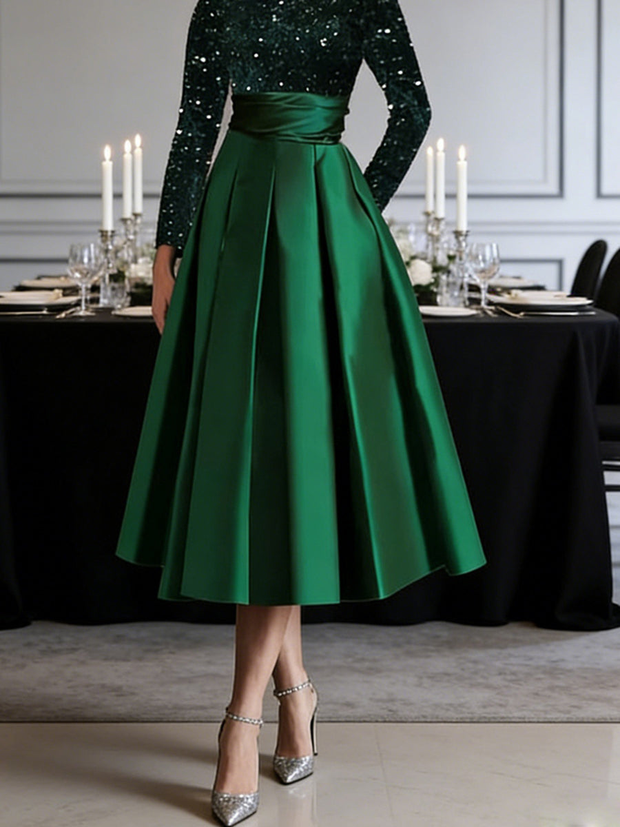 A-Line/Princess Asymmetrical Satin Tea-Length Mother of the Bride Dresses with Sequins