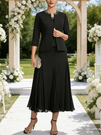 A-Line/Princess Square Neck Two-Piece Sequins Tea-Length Mother of the Bride Dresses with Jacket