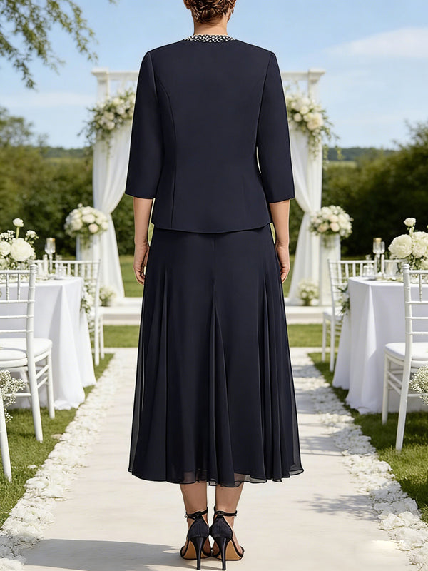 A-Line/Princess Square Neck Three-Piece Sequins Tea-Length Mother of the Bride Dresses with Jacket