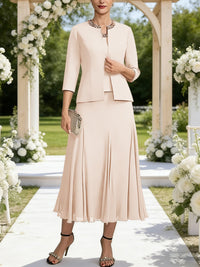 A-Line/Princess Square Neck Two-Piece Sequins Tea-Length Mother of the Bride Dresses with Jacket