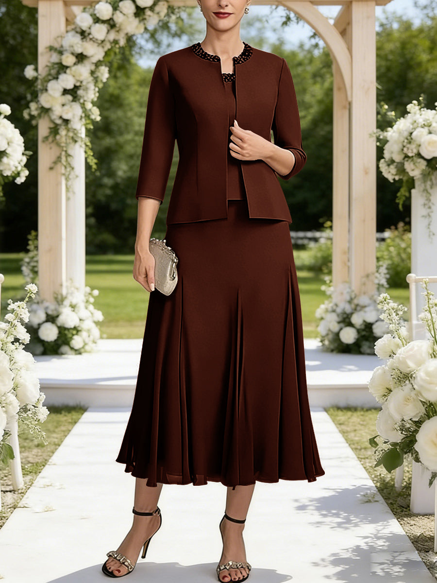 A-Line/Princess Square Neck Two-Piece Sequins Tea-Length Mother of the Bride Dresses with Jacket