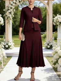A-Line/Princess Square Neck Two-Piece Sequins Tea-Length Mother of the Bride Dresses with Jacket
