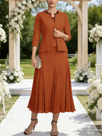 A-Line/Princess Square Neck Two-Piece Sequins Tea-Length Mother of the Bride Dresses with Jacket