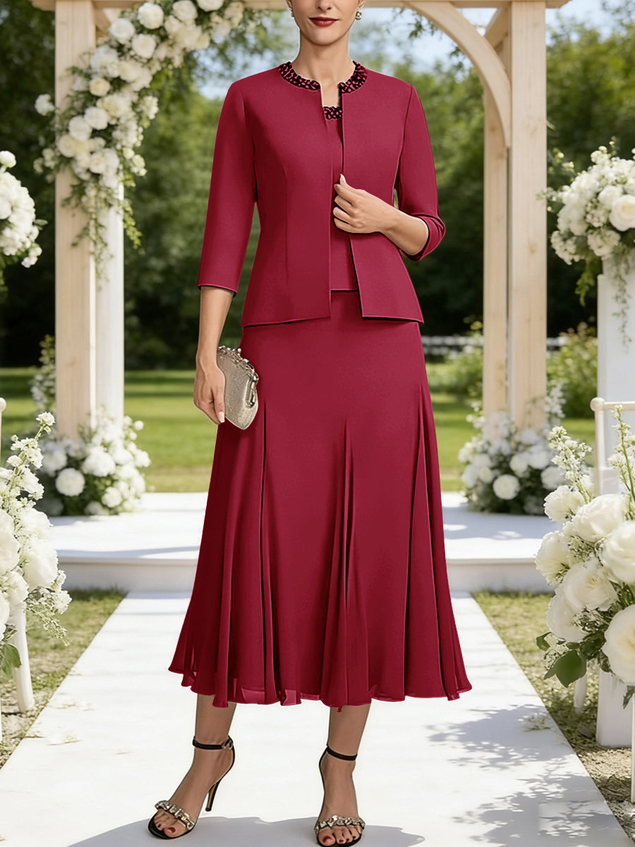 A-Line/Princess Square Neck Two-Piece Sequins Tea-Length Mother of the Bride Dresses with Jacket