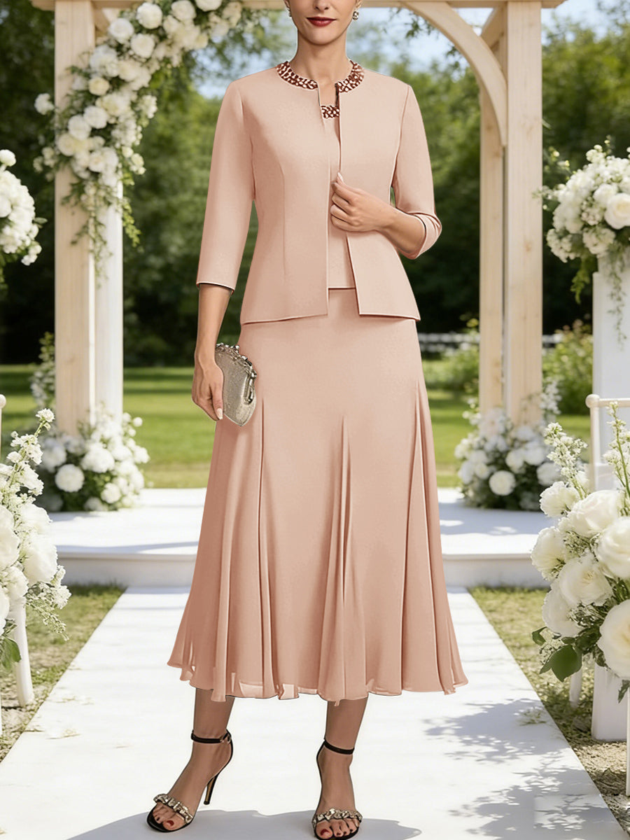 A-Line/Princess Square Neck Two-Piece Sequins Tea-Length Mother of the Bride Dresses with Jacket