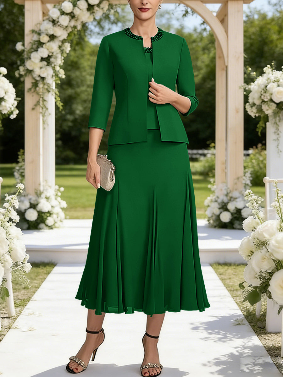 A-Line/Princess Square Neck Two-Piece Sequins Tea-Length Mother of the Bride Dresses with Jacket