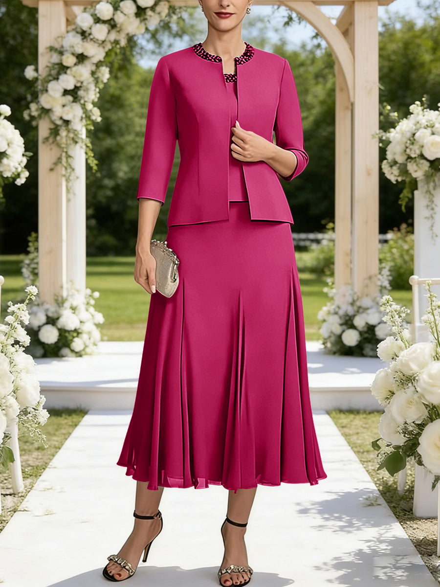 A-Line/Princess Square Neck Two-Piece Sequins Tea-Length Mother of the Bride Dresses with Jacket