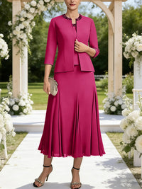 A-Line/Princess Square Neck Two-Piece Sequins Tea-Length Mother of the Bride Dresses with Jacket