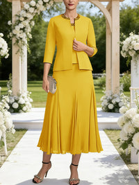 A-Line/Princess Square Neck Two-Piece Sequins Tea-Length Mother of the Bride Dresses with Jacket