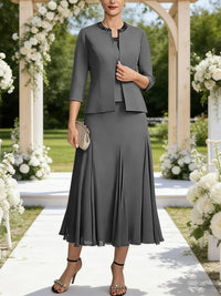 A-Line/Princess Square Neck Two-Piece Sequins Tea-Length Mother of the Bride Dresses with Jacket