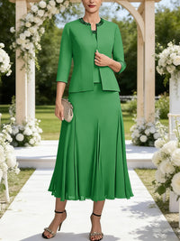 A-Line/Princess Square Neck Two-Piece Sequins Tea-Length Mother of the Bride Dresses with Jacket