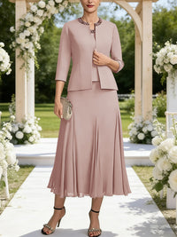 A-Line/Princess Square Neck Two-Piece Sequins Tea-Length Mother of the Bride Dresses with Jacket